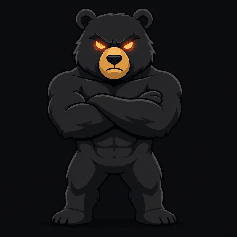 Bruno, the GORGE mascot bear, standing with his arms crossed